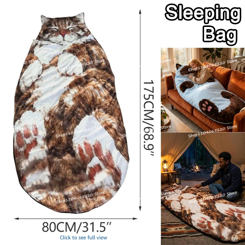 Cartoon Flat Cat Print Washable Sleeping Bag Home  Outdoor Camping Picnic Portable Multi-purpose Blanket Cute Accessories Gifts