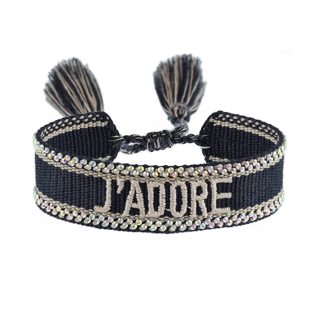 Rhinestone Embroidery Woven Bracelets Adjustable Rope Stackable Bangle For Women