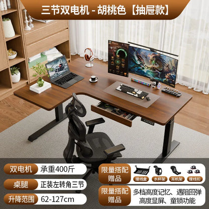 Computer Desk，Solid Wood L-shaped Corner Electric Lifting Table, Removable Home E-sports Office Computer Standing Desk