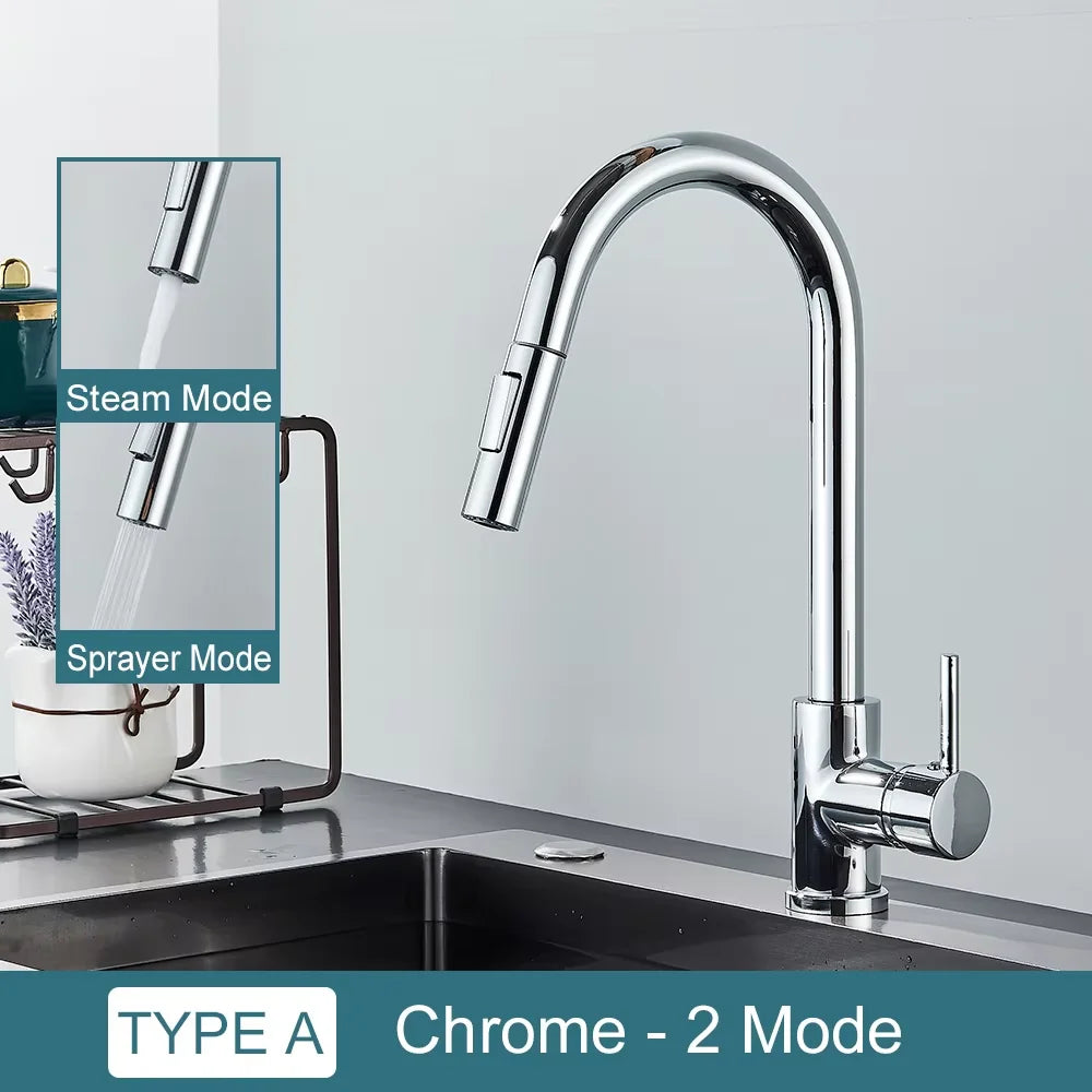 Kitchen Faucet Flexible Pull Out 2 Modes Nozzle Hot Cold Water Mixer Tap Deck Mounted Sprayer and Stream SUS 304 Faucets
