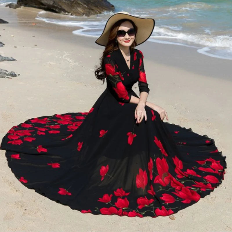 2025 Summer New Korean V-Neck Printed Chiffon Dress Women's Slim Oversize 4XL Long Sleeve Large Swing Slim Beach Long Dresses