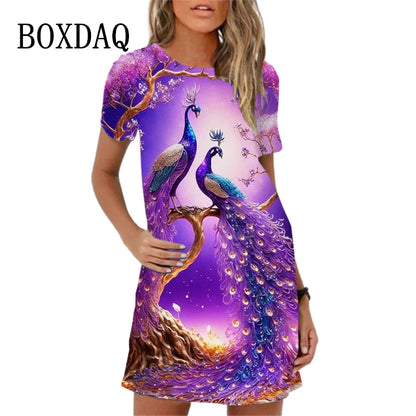 Sweet Cute 3D Print Women Dresses 2023 New Summer Short Sleeve Peacock Pattern Loose A-Line Dress Loose Casual Beach Party Dress