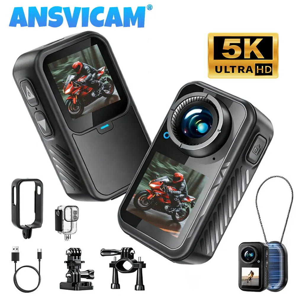 ANSVICAM 5K Mini Action Camera 4K60FPS Thumb Sports Camera with EIS Stabilization Dual Touch Screens Waterproof Magnetic Bodycam