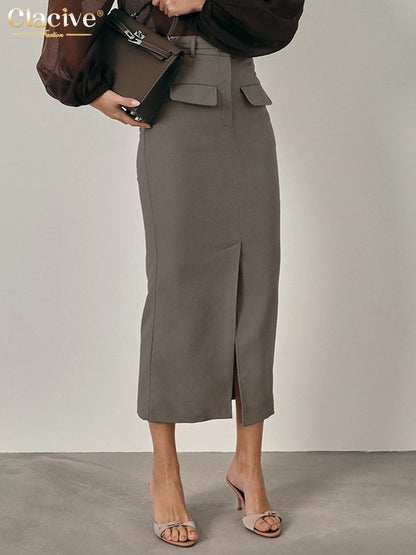 Clacive Fashion Slim Khaki Women's Skirt 2025 Bodycon High Waist Midi Skirt Elegant Classic Solid Slit Skirt Female Clothing