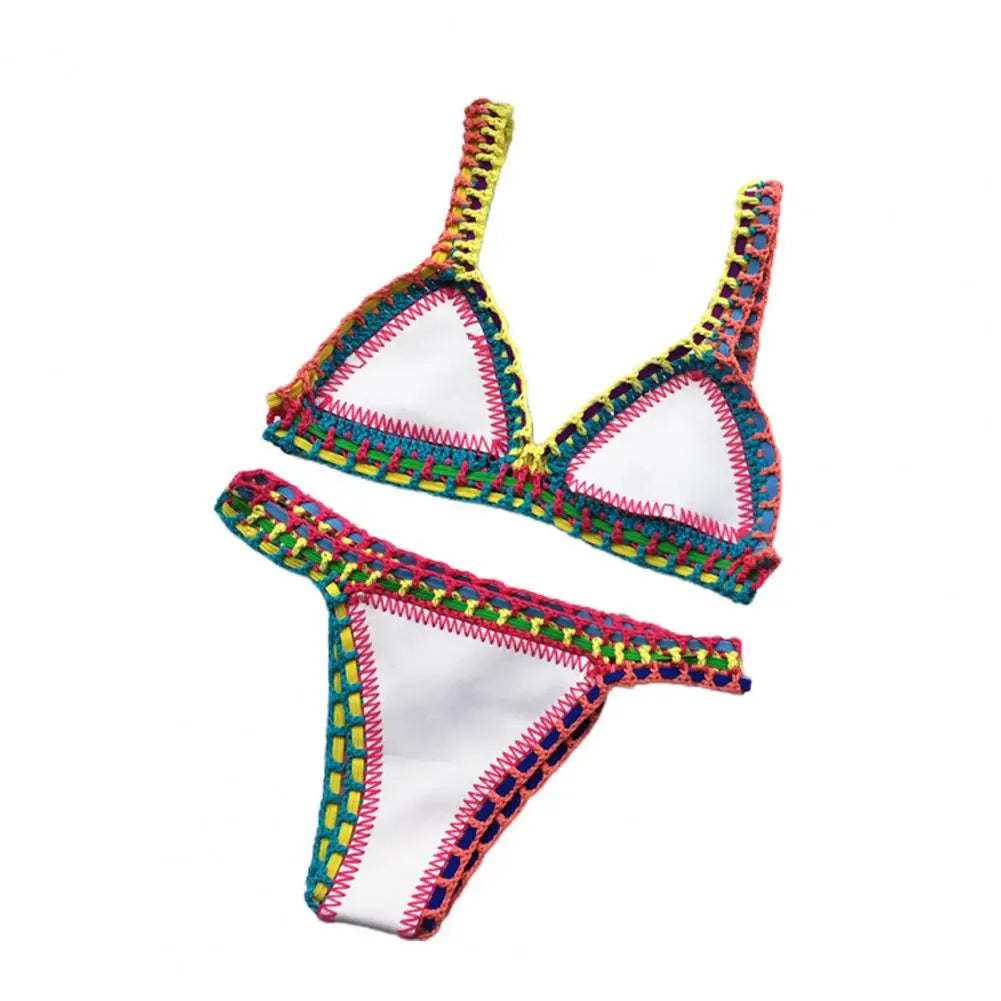 2 Pcs/Set Swimsuit Women Bikinis Set Sexy Patchwork Knit Handmade Crochet Bathing Suit Swimsuit Beach