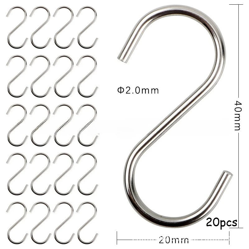 60/20pcs Heavy-Duty Stainless Steel S-Hooks - For Kitchen, Garden, Wardrobe & Plant Organization - Utility Hooks, Party