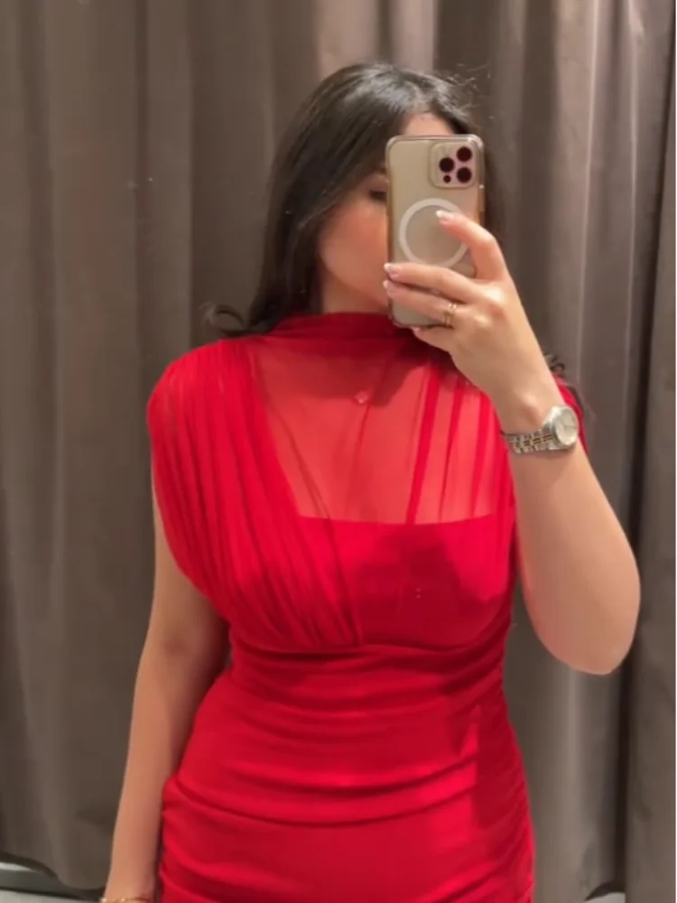 Sexy Red Pleated Mesh Long Red Dress Sleeveless See Through Patchwork A-line Party Dresses Female 2025 Summer Lady Slim Robes