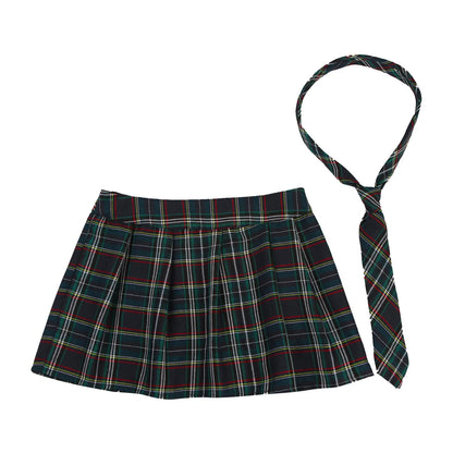 Women Japanese Schoolgirls Role Play Uniforms Zipper Plaid Pleated Mini Skirt Necktie Set Sexy Schoolgirls Skirt Cosplay Costume