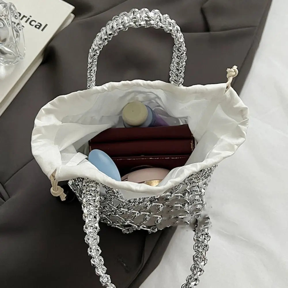 Fashion Luxury Women Woven Handbag Large Capacity Storage Bag Drawstring Bag Portable Woven Bag Weave Bucket Bag For Girls