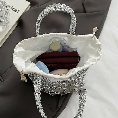 Fashion Luxury Women Woven Handbag Large Capacity Storage Bag Drawstring Bag Portable Woven Bag Weave Bucket Bag For Girls