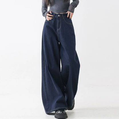 High Waist Straight Leg Loose Fit Denim Jeans Women's Floor Length Lazy Wide Leg Meat Concealing Deep Blue American Style Long P