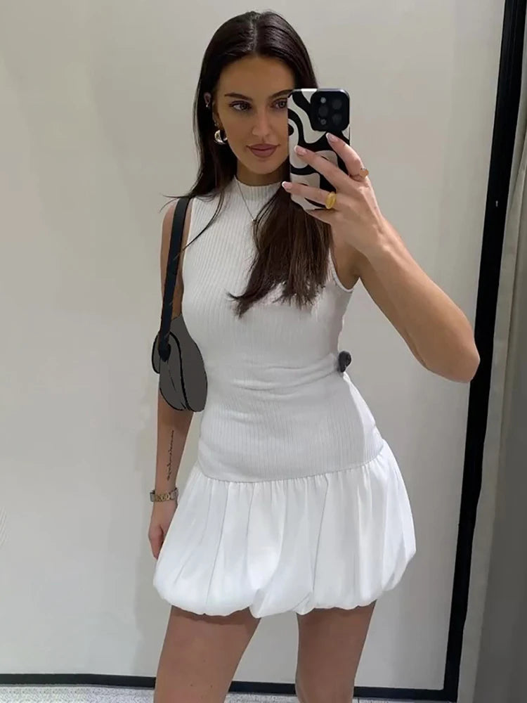 Summer Elegant Knitting Sleeveless Backless Short Bubble Ball Women'S Dresses Elegant Evening Casual Clothing Y2K Streetwear