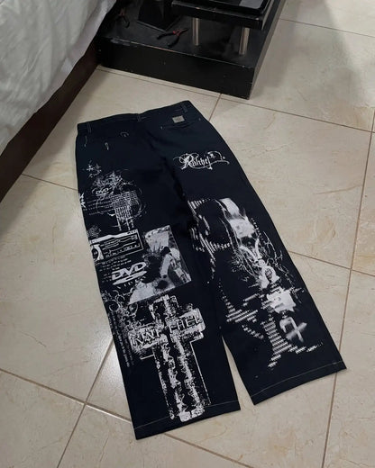 New Cyberpunk Jeans Mens American Y2K Red Graphic Street Goth Baggy Wide-Leg Pants Harajuku Hip-Hop Straight Pants