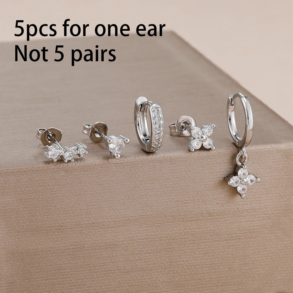 5PCS Stainless Steel Little Huggies Ear Stud Earrings Set For Women Tiny Crystal Zirconia Pendant Earrings Piercing Jewelry