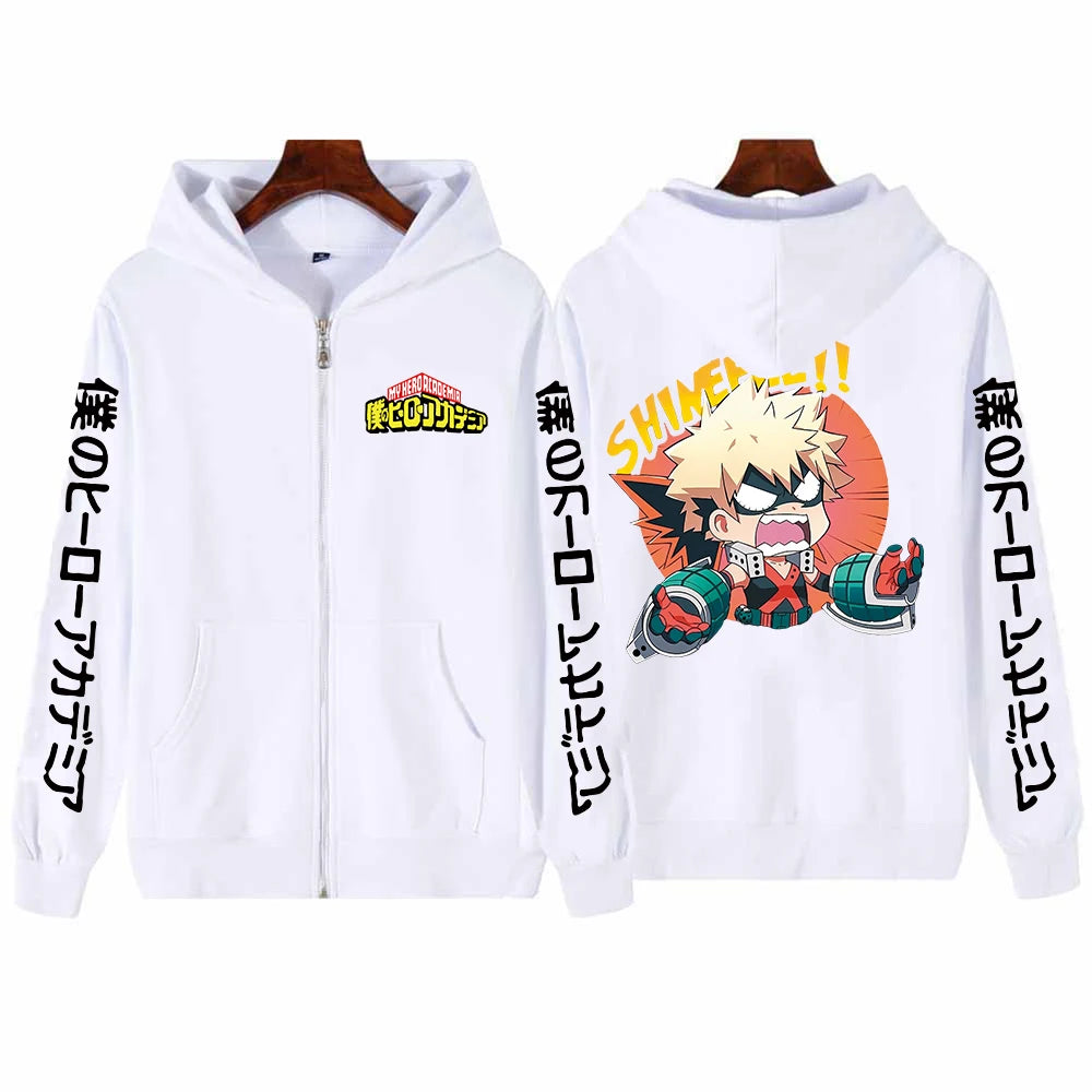 Japan Anime My Hero Academia Unisex Black Long Sleeve Zipper Hoodies Funny Katsuki Bakugou Cartoon Casual Men Winter Coats