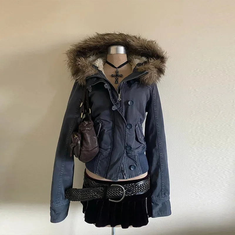 Vintage Popular New Fashion Fur Collar Jacket Female Street Hip Hop Casual Joker Loose Padded Velvet Cotton-padded Jacket Coats