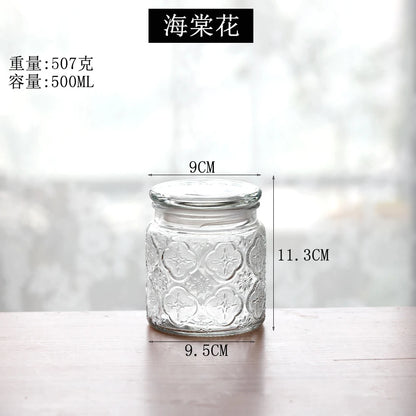 Retro Transparent Glass Sealed Jar Glass Lid Storage Jar Begonia Flower Glass Bottle Candy Storage Jar Kitchen Storage Supplies