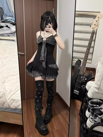 2000s Aesthetic Elegant Mini Dress Women Gothic Y2k Off Shoulder Design Retro Harajuku Dress Female Chic Korean Popular Clothes