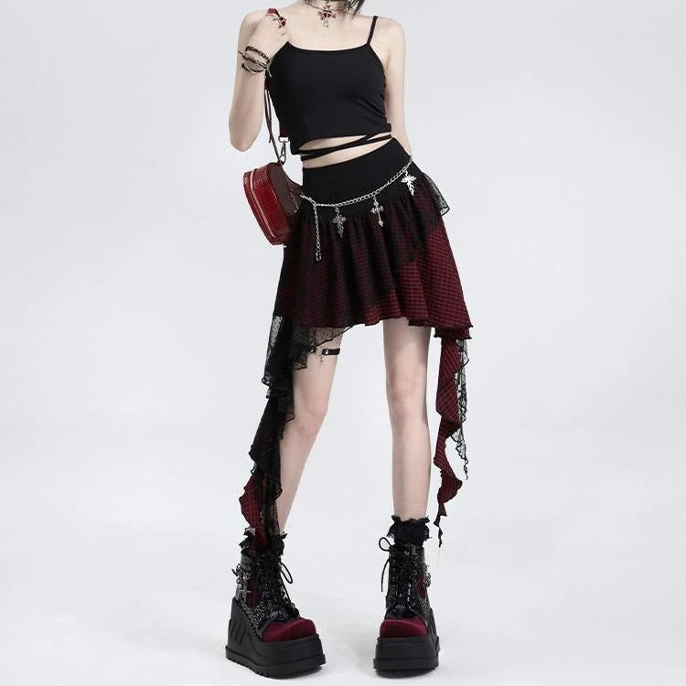 Japanese Harajuku Lace Plaid Irregular High Waist Women Skirt Autumn New Gothic Mini A-line Skirt Fashion High Street Y2k Skirt