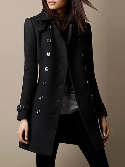 Winter Ladies Woolen Jackets Double Breasted Flap Lapel Lined Top Coat Solid Slim Elegant Womens Outerwear 2024
