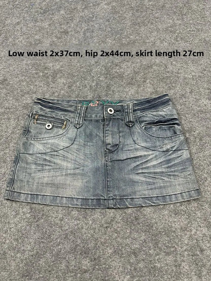 Sexy American Vintage Low Waist Denim  Skirt for Students Z4 Antiquing Y2K Trendy ort Skirt with Handmade Ripped And Fo...