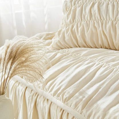 Ruched Comforter Luxury Pinch Pleat Bedding Set, Ultra Soft Washed Cotton Boho Quilt Set with Ruffled Pillow Shams 3-Piece