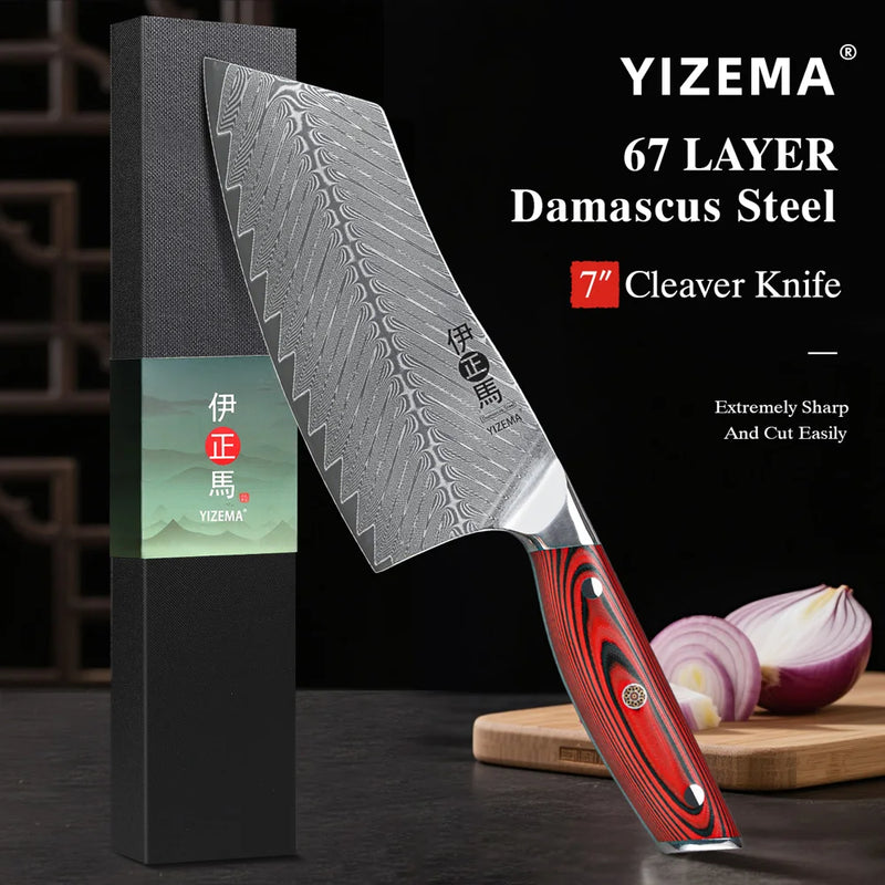 YIZEMA 7" Cleaver Knife Japanese Damascus Steel Sharp Meat Slicer Vegetable Chopper Kitchen High Quality Professional Chef Knife