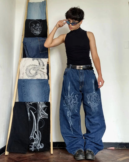 Summer Y2K Vintage Washed Floral Print Wide Leg Jeans Women High Waist Baggy Boho Comfort Loose Fit Pants Daily TikTok Viral