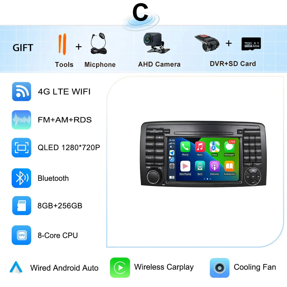 for Mercedes-Benz R-Class R300 R350 R400 2006-2014 GPS Navigation 7" 2.5D Touch Screen Android 16 Wireless CarPlay DSP Stereo