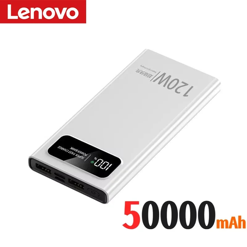 Lenovo 50000mAh Large Capacity Power Bank 120W Fast Charge LED Digital Display External Battery Universal charge Travel Outdoor