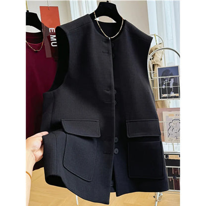 2025 New Korean Suit Vest Jacket Spring Autumn Women's Sleeveless High-end Waist Slim Temperament Waistcoats Female Outwear