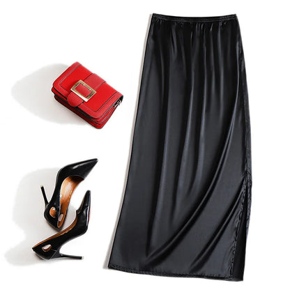 Women's 100% Mulberry Silk Midi Skirts Elastic High Waist A-Line Pull On Closure Summer Long Skirt
