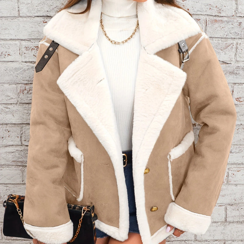 Women Shearling Jacket Casual Short Coat Y2k Turn Down Collar Long Coats Single Breasted Loose Street Wear Thick 2025 Winter