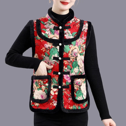 5XL Middle-aged Mother Vest Autumn Winter New Printed Fleece Vest Coat Female Sleeveless Jacket Grandma Thicken Warm Waistcoat