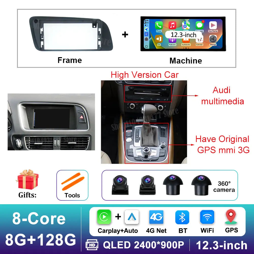 12.3 inch GPS Navigation Wireless Carplay Android 16 for Audi Q5 2009 - 2017 BT Car Multimedia Video Radio Player 4G Auto Tools