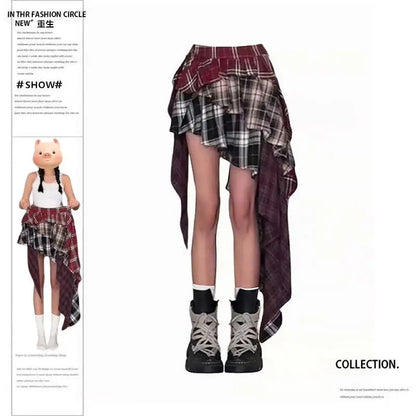 Y2K Women's Skirt Irregular Plaid Patchwork Large Size Summer Spice Girl Design A-line Skirt Trendy Pleated Streetwear Harajuku