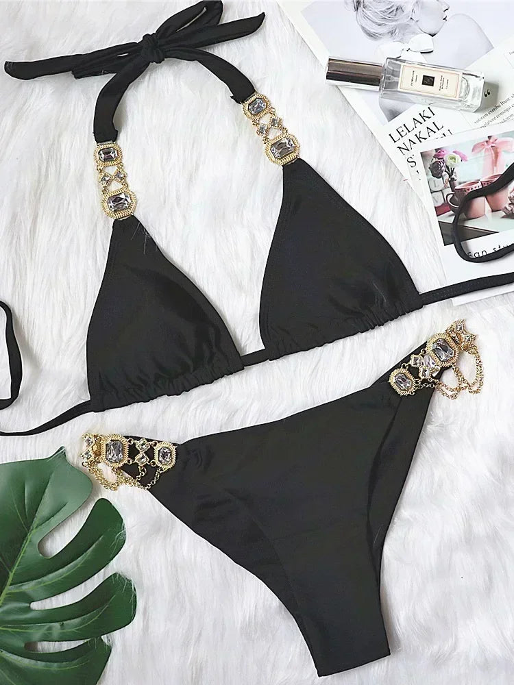 Halter Crystal Rhinestone Diamond Bikini 2025 Female Swimsuit Women Swimwear Two Pieces Bikini set Brazilian Bathing Suit Swim