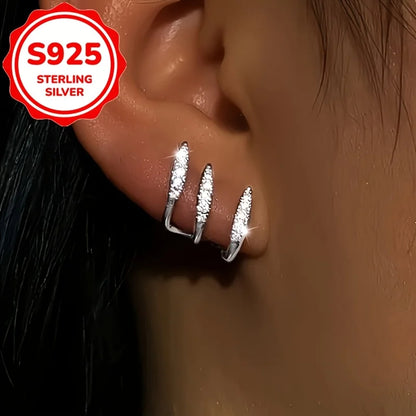 2 Pieces Of Fashionable Women's Earrings, Made Of 925 Sterling Silver, With A Minimalist Design And Three-Layer Curved Shape