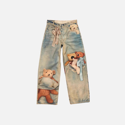 Retro Anime Jeans Y2K Clothing Mens Womens Hip Hop Anime Character Graphic Print Blue Baggy Jeans Casual Trousers