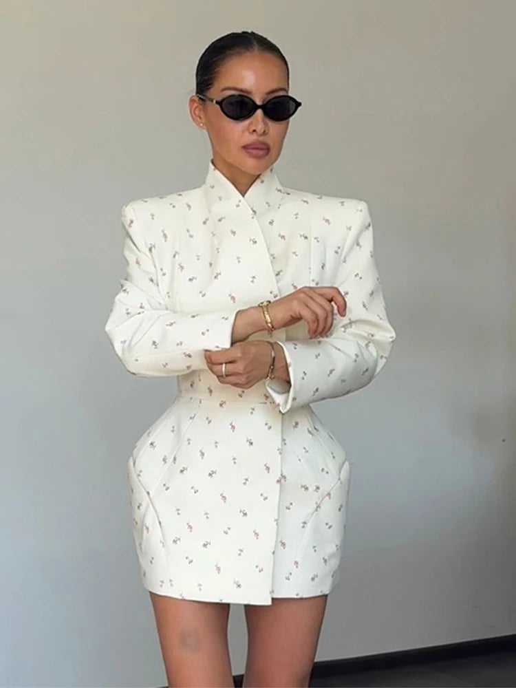 Elegant Floral Print Blazer Outerwear With Belt Women's Casual Lapel Long-Sleeve Shoulder Pads Jacket Loose Fit Outfit For Woman