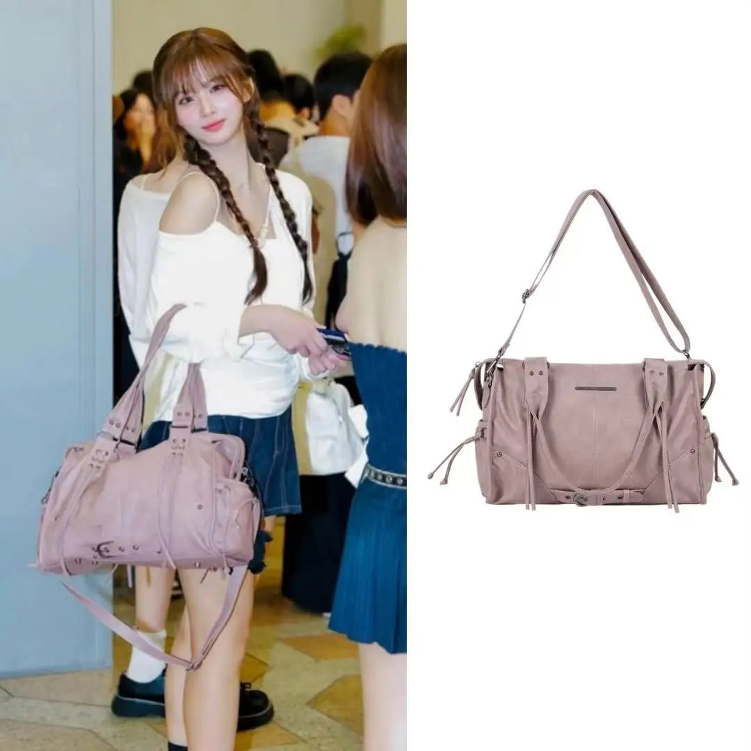 Korean brand FANCY CLUB: Large Capacity Retro Fancyclub Tote Bag with Rivets and Straps – A Motorcycle-Style Bag for Women.