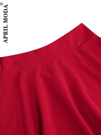 Red Women's High Waist A-Line Pockets Skirt Casual Summer Flared Midi Skirt 1950s Retro Swing Pinup Skirt Office Lady Workwear