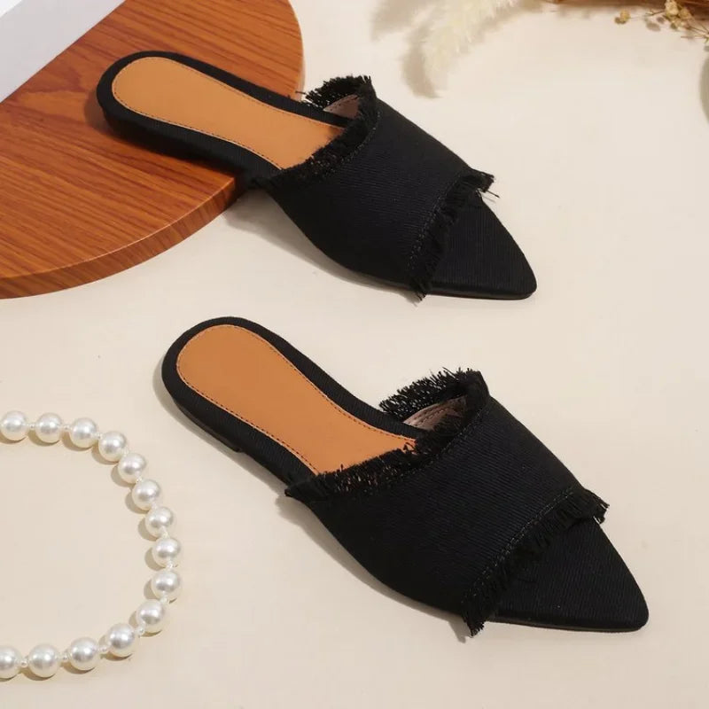 Women Flats Cowboy Slippers Fashion Beach Dress Shoes  Summer Femme Pointed Toe Flip Flops New Casual Slides Zapatos Mujer