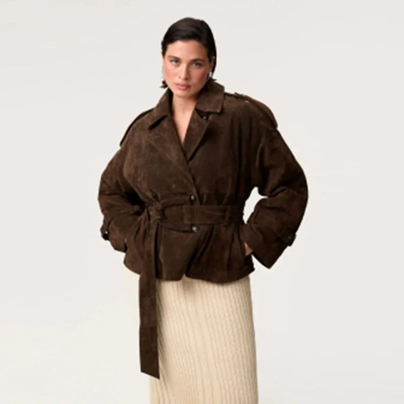 Vintage Brown Suede Jacket for Women Single Breasted Turn-down Collar Blazer with Pocket Casual Office Outerwear Autumn 2025