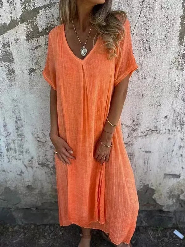 Women's Short-sleeved Cotton and Linen Dress V-neck Loose Large Size Casual Vacation Street Thin Long Skirt