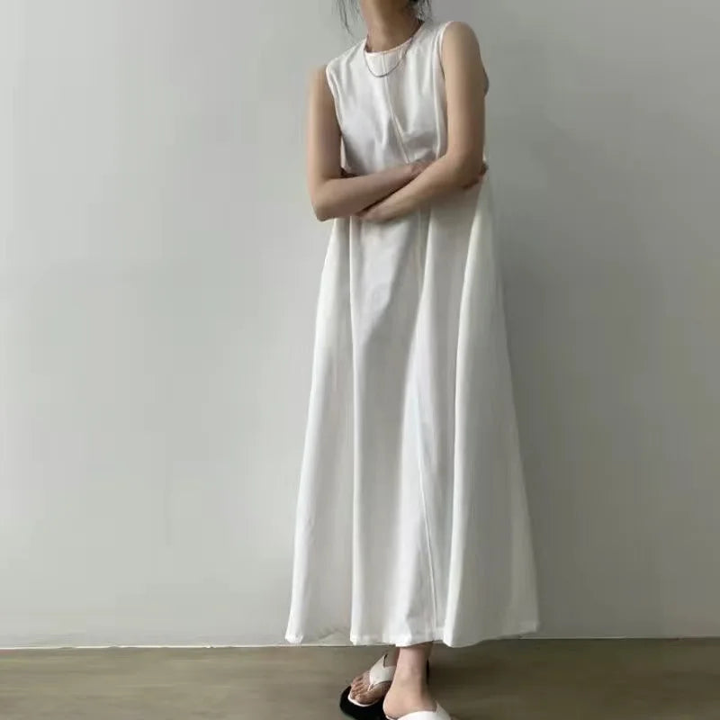 2022 Minimalist Chic Loose Swing Sleeveless Mid-length Casual Cotton Linen Long Dress  Round Neck High Waist Women Runway Dress