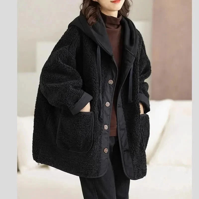 Fashion Lamb Plush Hooded Coat Women New 2024 Autumn Winter Mid-Long Thick Pocket Coats Loose Large Size Overcoat Outerwears