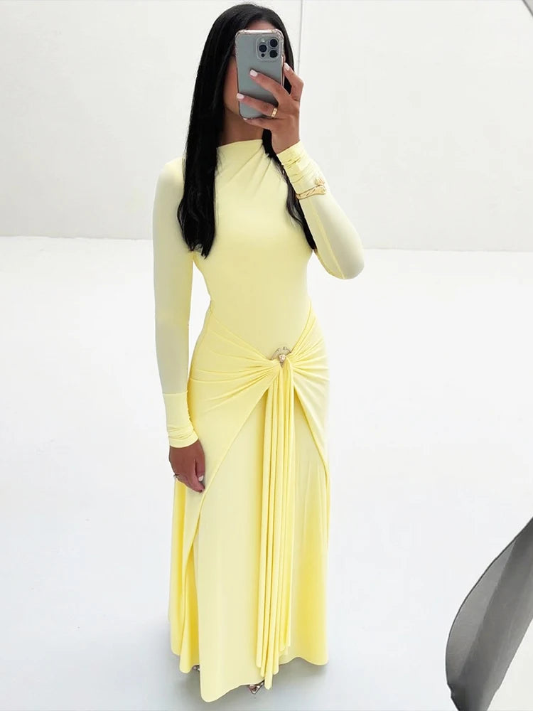 Sisterlinda Sequined Pleated Maxi Dress Classic Solid Full Sleeve Crew Neck Ribbons Sheath Long Robe Mujer Hipster Evening Wear