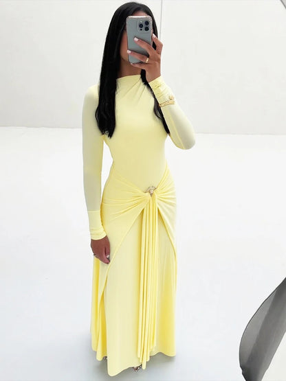 Sisterlinda Sequined Pleated Maxi Dress Classic Solid Full Sleeve Crew Neck Ribbons Sheath Long Robe Mujer Hipster Evening Wear
