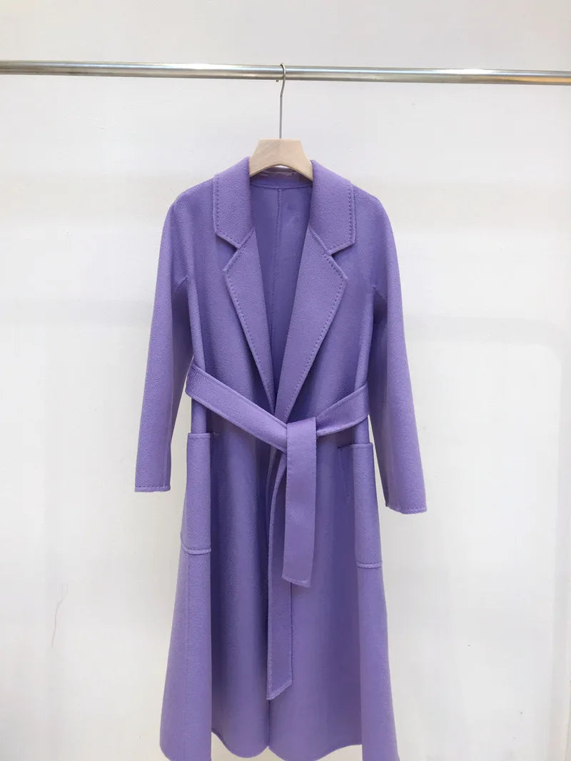 2023 Korean Women Handmade Corrugated Water Ripples Coat Double-sided Cashmere Wool Long Woolen Jacket Cashmere Coat Outerwear